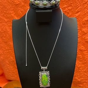 Mojave green turquoise bolo bracelet and pendant